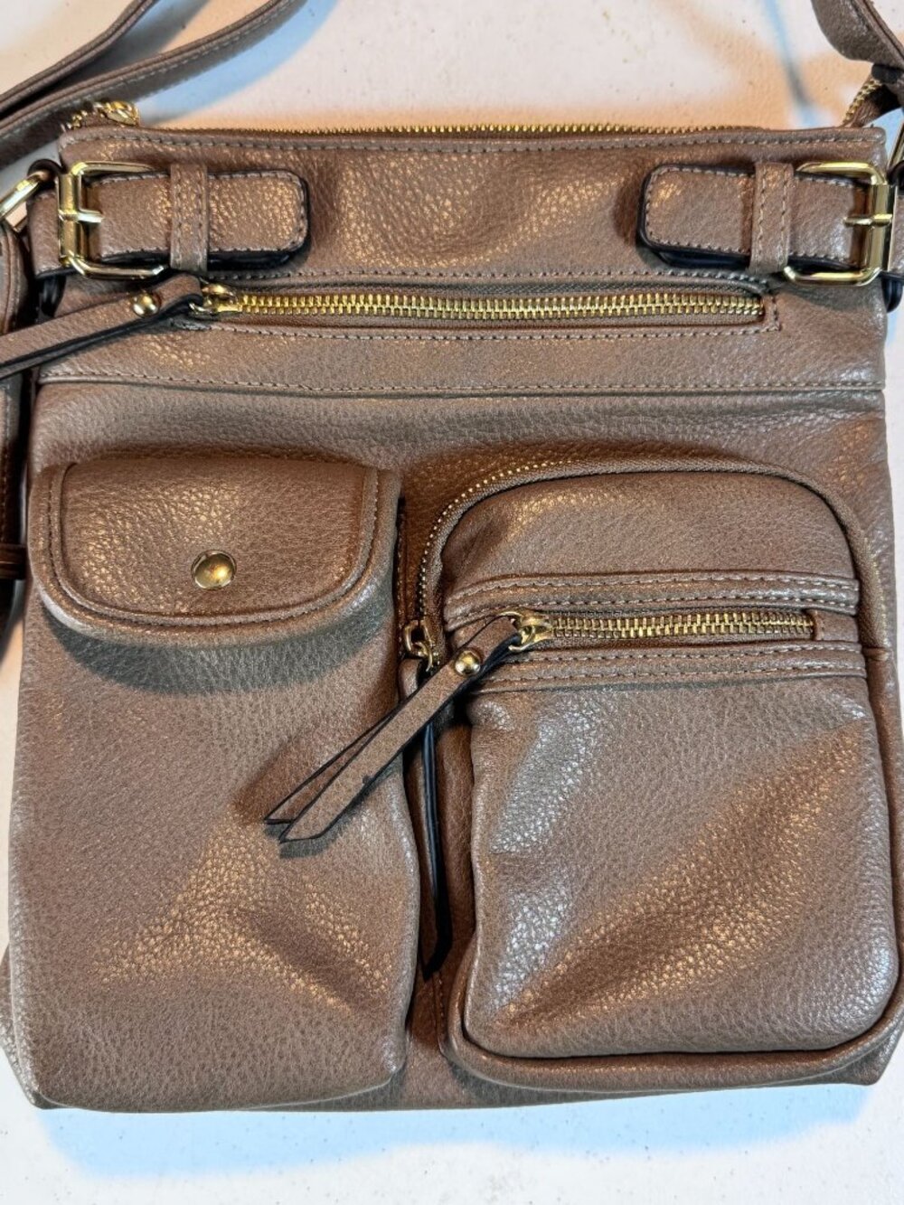 Multi Pocket Faux Leather Crossbody Purse Brown Taupe Adjustable Strap - Picture 2 of 10